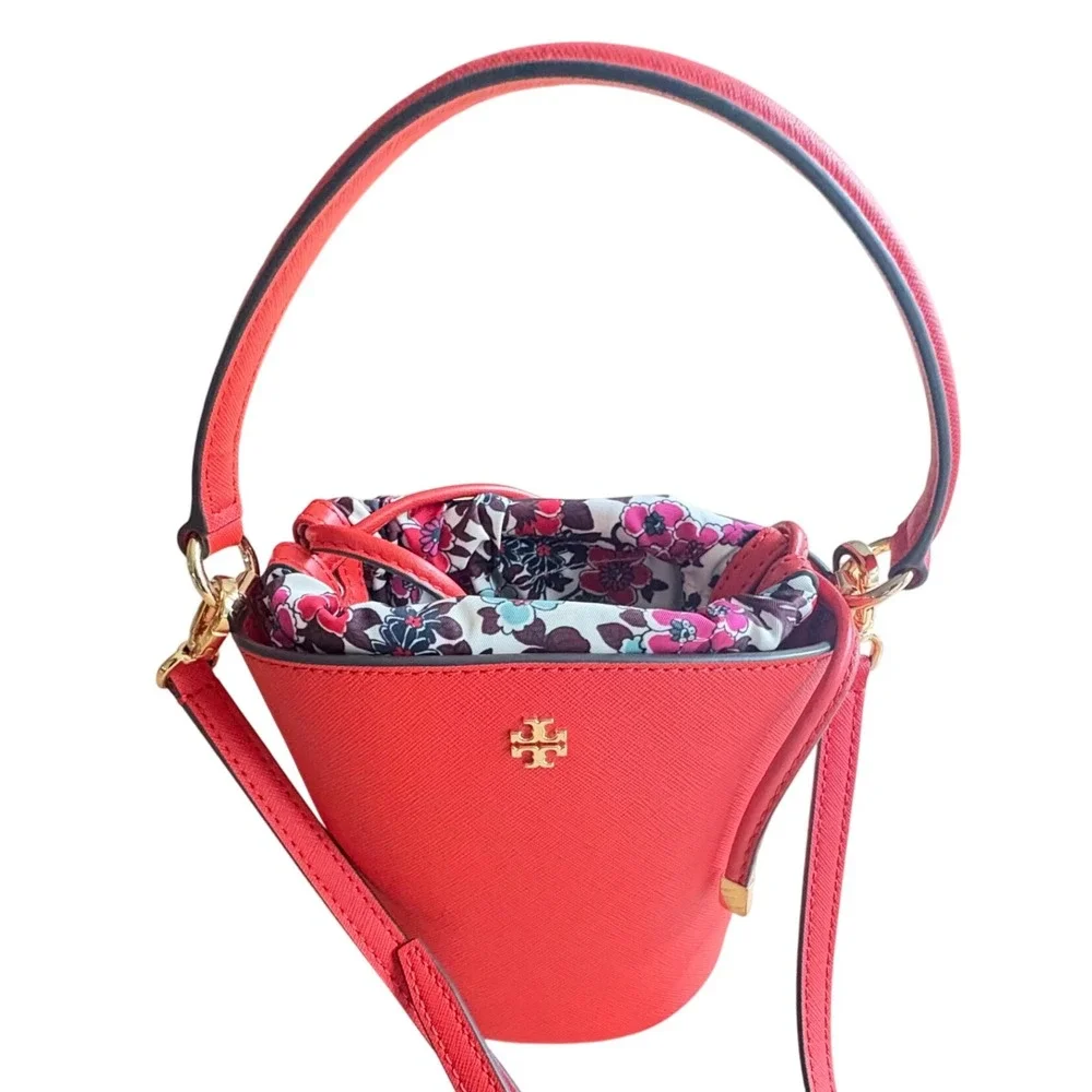 $328 TORY‎ BURCH Emerson Mini Bucket Bag Coral Leather Floral Insert Crossbody